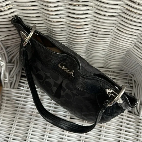 COACH Black Signature C Sateen Shoulder Bag with Creased Leather Trim - Picture 6 of 16